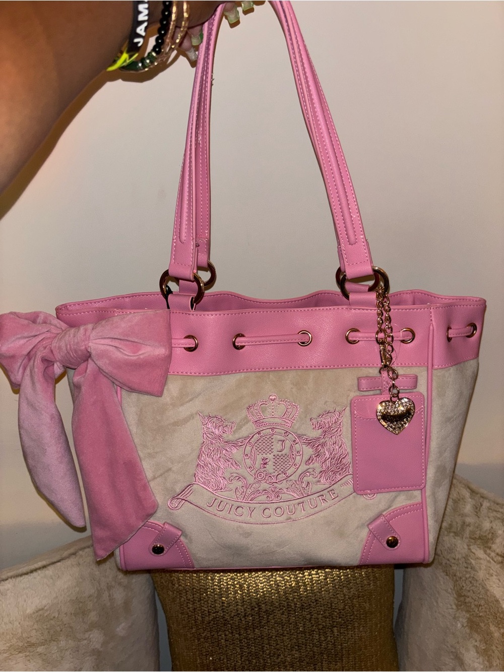 Juicy Couture Pink and Cream Bow Tote with Heart Charm
